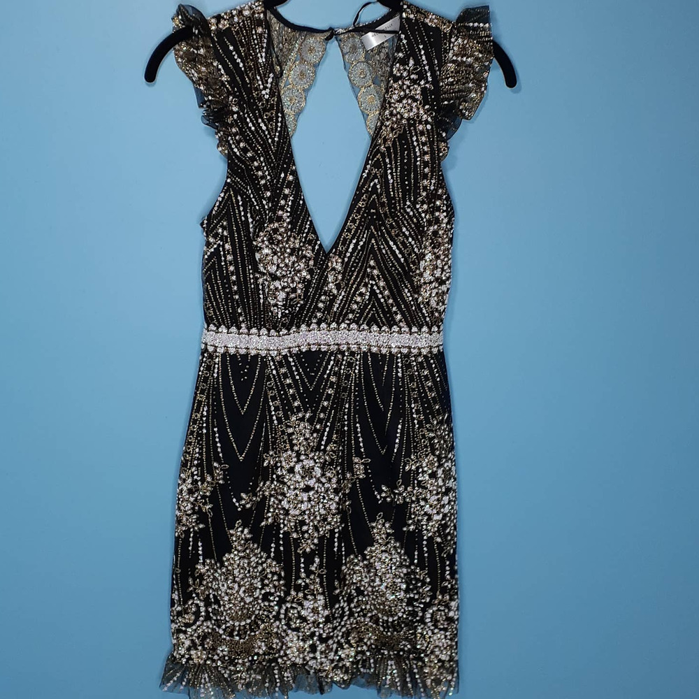 Ladies Hello Molly Black Gold Iridescent Plunging Neckline Short Dress Size S